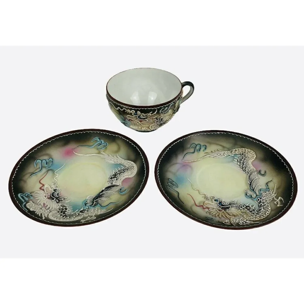 Vintage Dragonware Moriage Teacup and 2 Saucers Hand Painted Japan Blue Eyes 3D